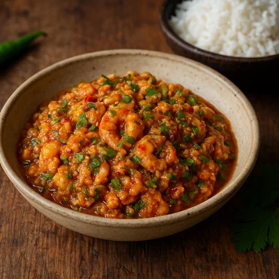 Chingri Bhorta – Zerstampfte Garnelen mit Senföl und Chili