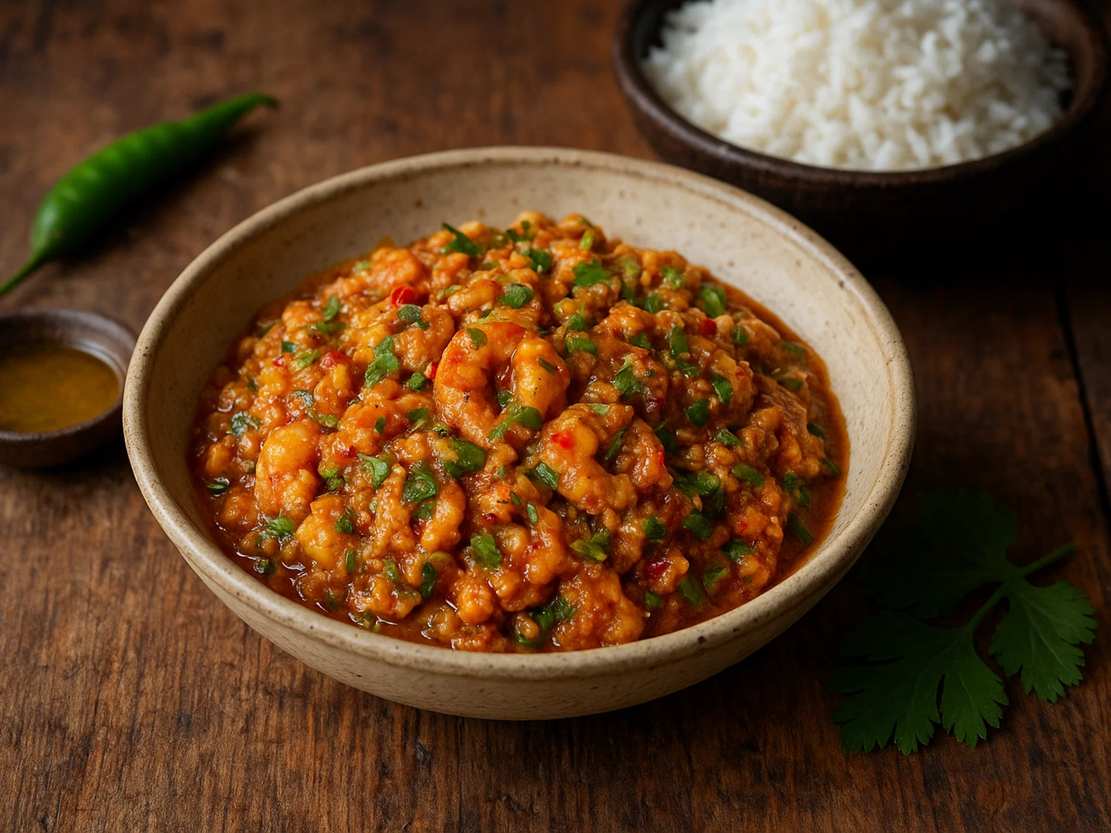 Chingri Bhorta – Zerstampfte Garnelen mit Senföl und Chili