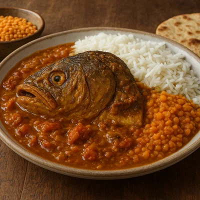 Muri Ghonto – Bengalisches Fischkopfcurry mit Reis und Linsen