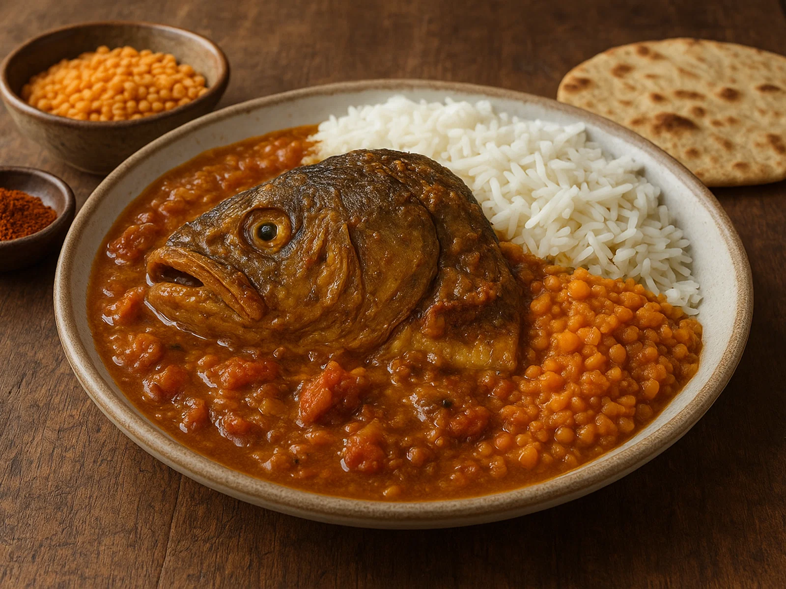 Muri Ghonto – Bengalisches Fischkopfcurry mit Reis und Linsen