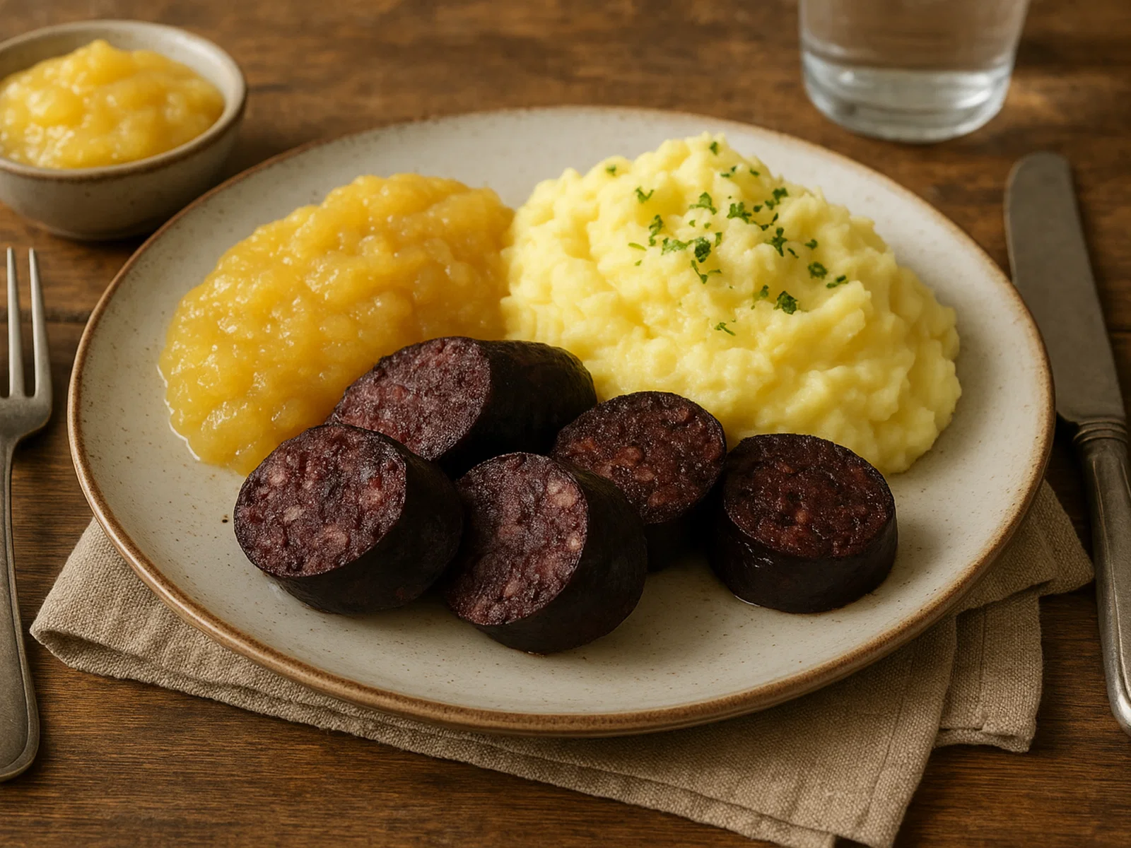 Blutwurst mit Apfelmus und cremigem Kartoffelpüree