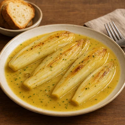 Chicons braisés – geschmorter Chicorée in Butter-Weißwein-Sauce