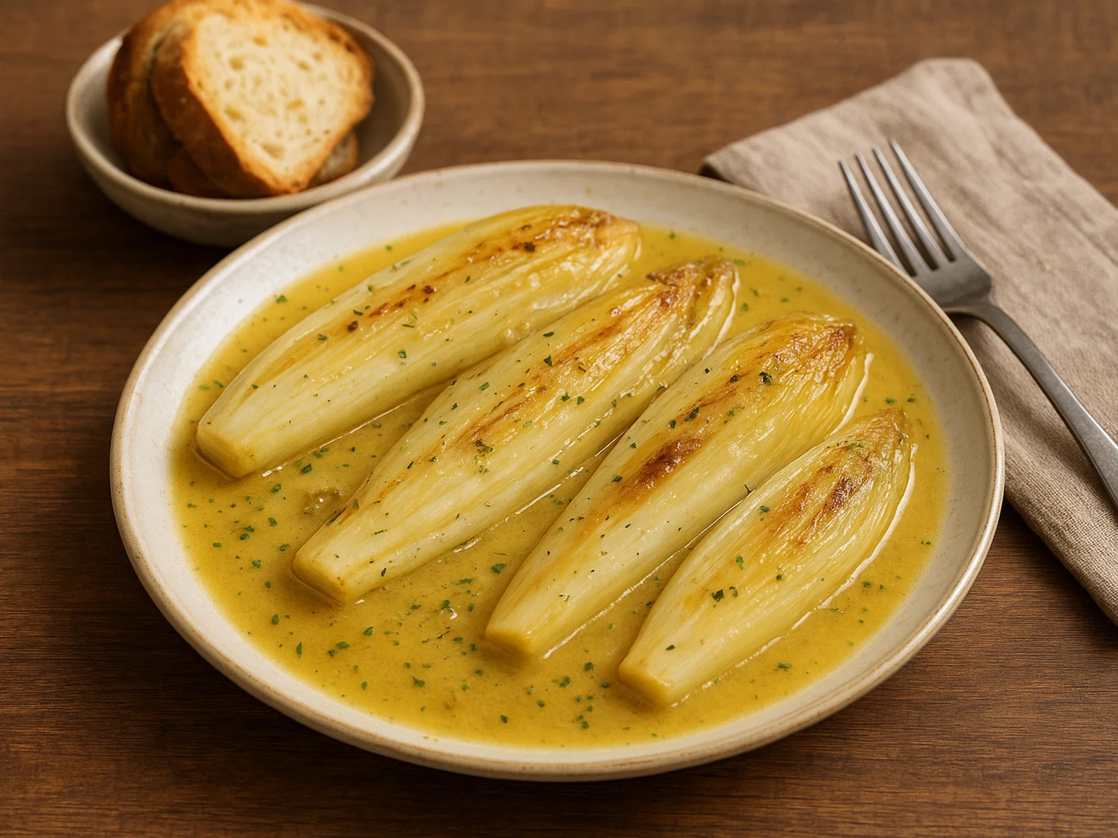 Chicons braisés – geschmorter Chicorée in Butter-Weißwein-Sauce