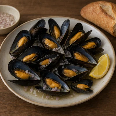Moules parquées – rohe Miesmuscheln mit Zitrone und Schalotten