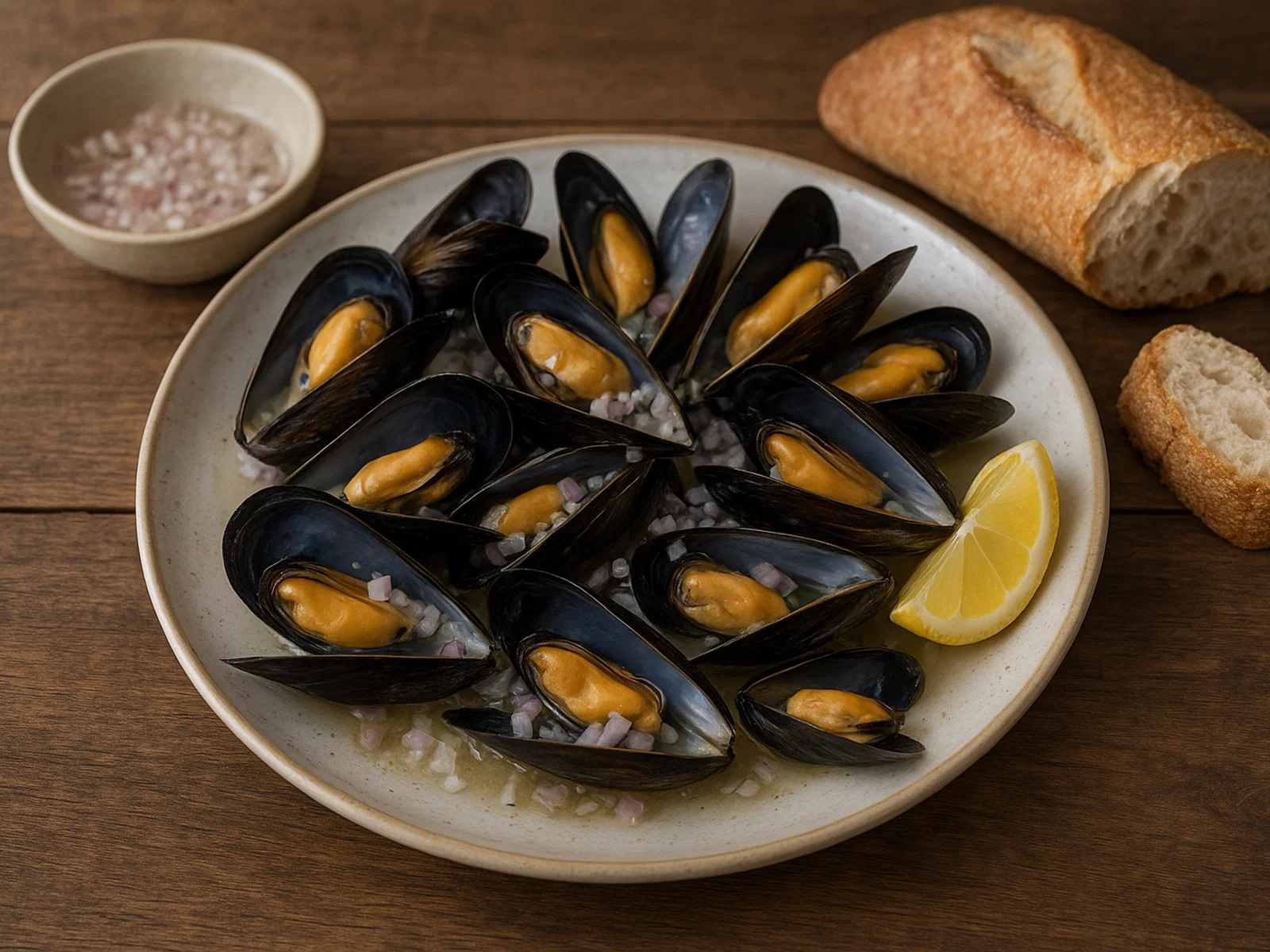 Moules parquées – rohe Miesmuscheln mit Zitrone und Schalotten