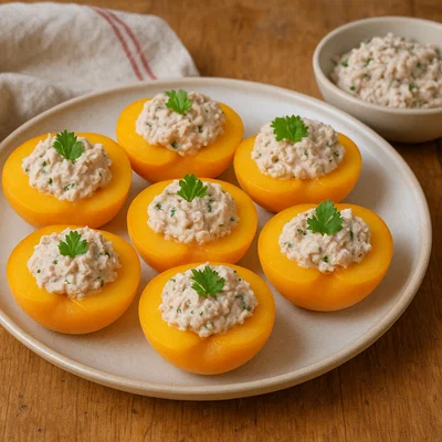 Pêche au thon – Pfirsichhälften mit Thunfischcreme