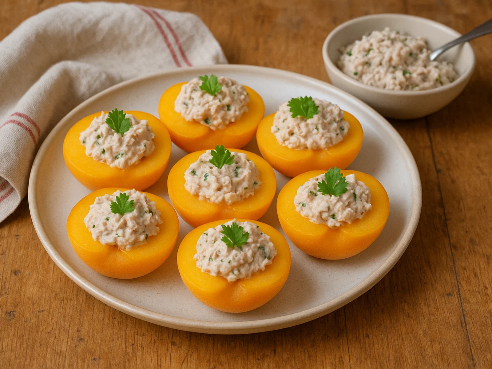 Pêche au thon – Pfirsichhälften mit Thunfischcreme