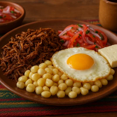 Charquekán – bolivianisches Charque mit Mote, Ei und Käse