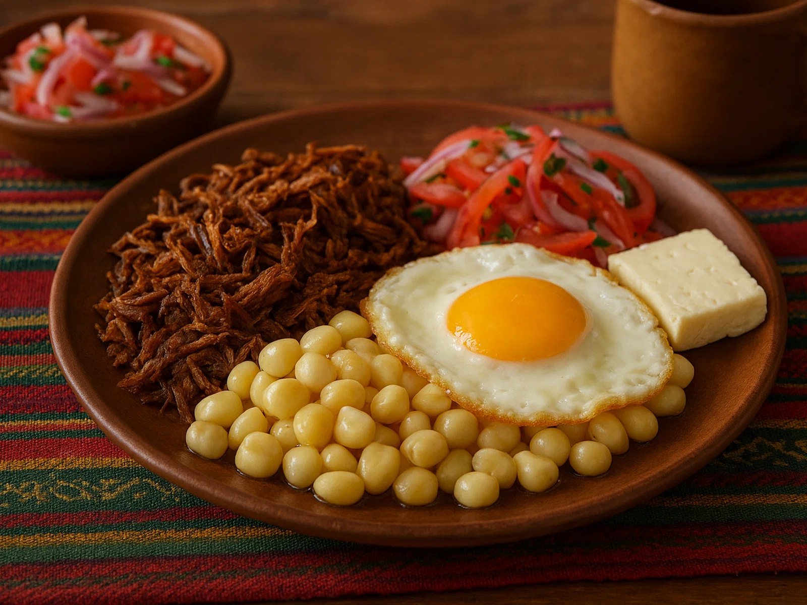 Charquekán – bolivianisches Charque mit Mote, Ei und Käse