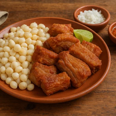 Chicharrón de Cerdo mit Mote (knuspriges Schweinefleisch)