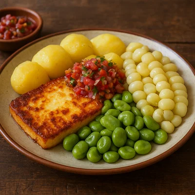 Plato Paceño – Bolivianischer Teller mit Mais, Saubohnen, Kartoffeln und gebratenem Käse