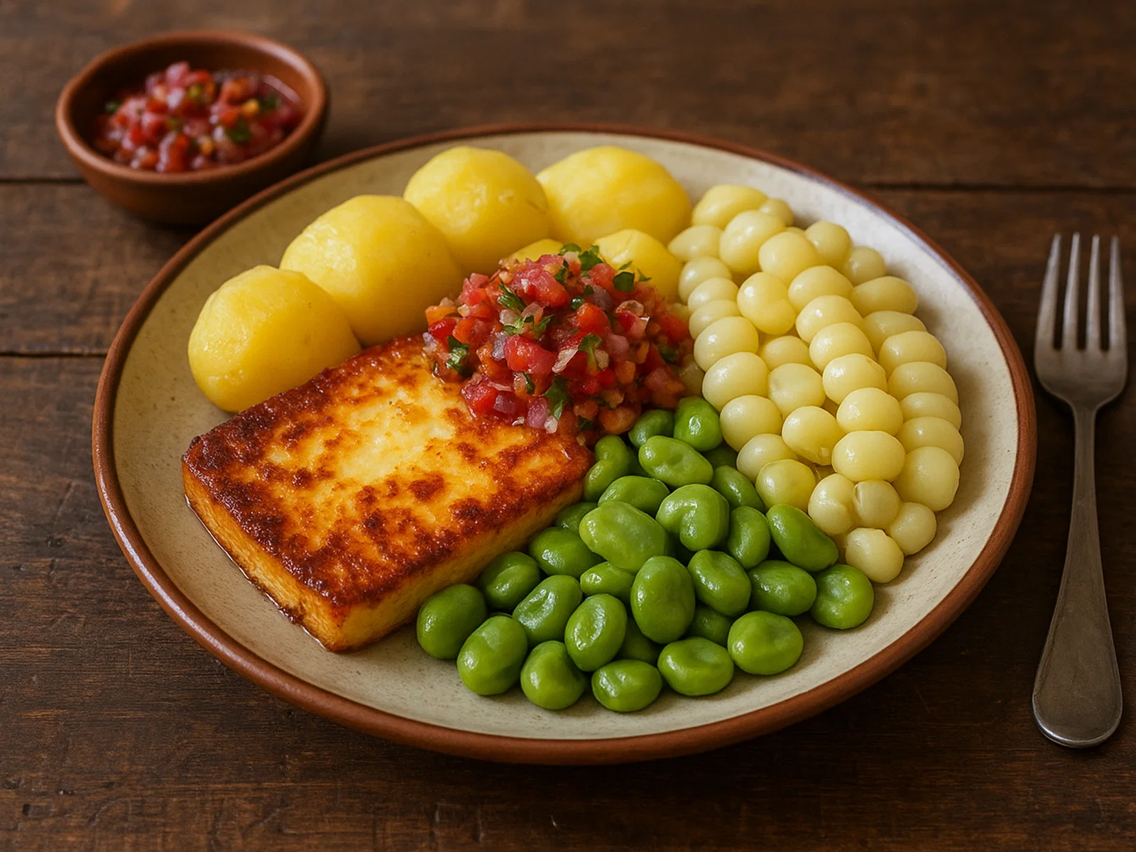 Plato Paceño – Bolivianischer Teller mit Mais, Saubohnen, Kartoffeln und gebratenem Käse