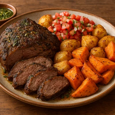 Asado de Llama (gebratenes Lamafleisch mit Beilagen)