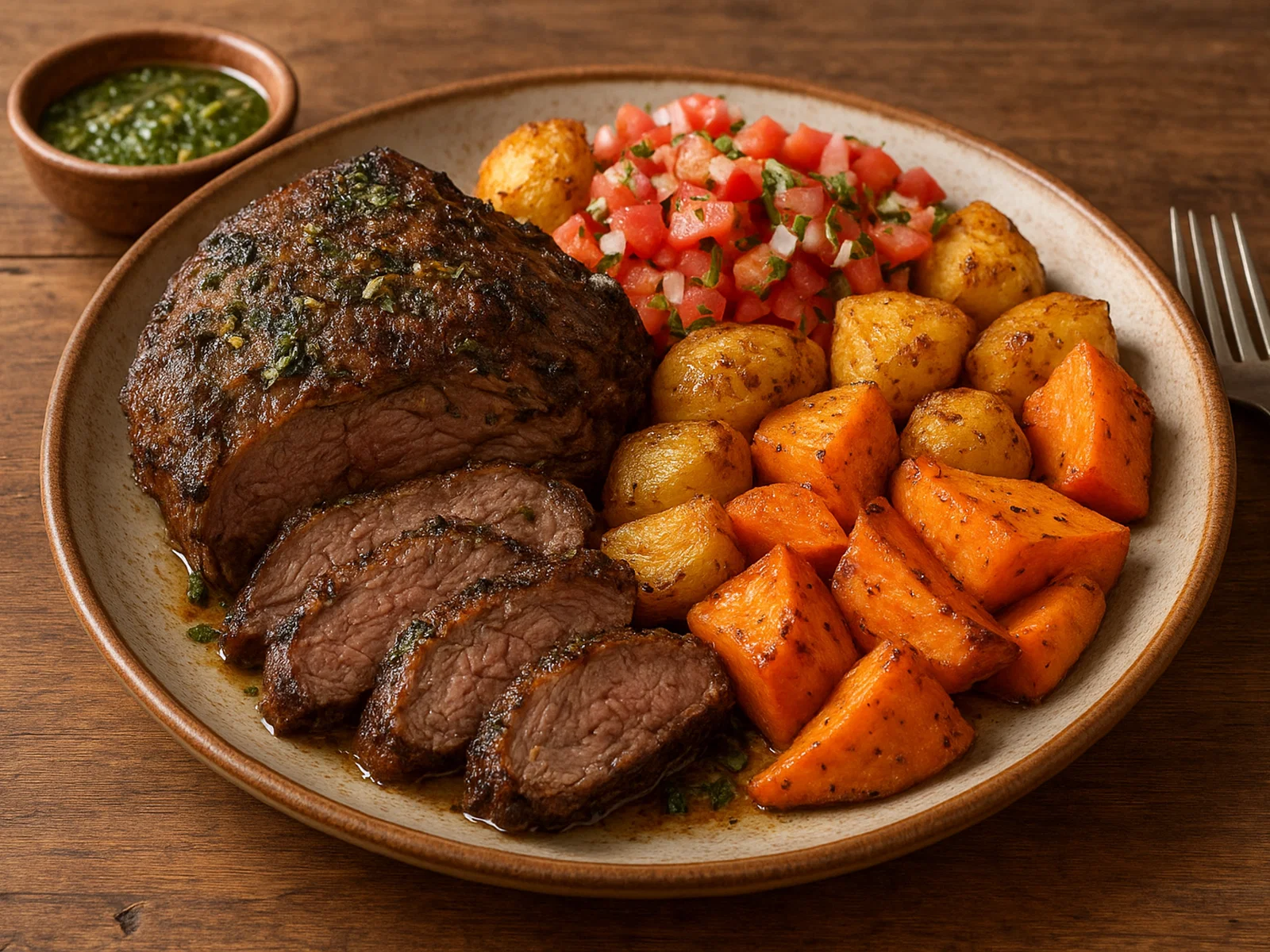 Asado de Llama (gebratenes Lamafleisch mit Beilagen)
