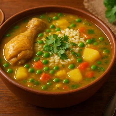 Cazuela – kolumbianische Hühnersuppe mit Reis und Erbsen