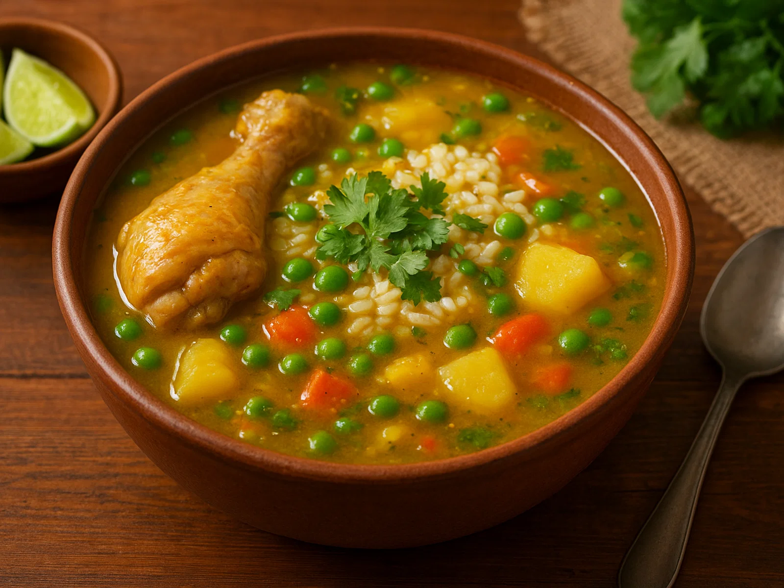 Cazuela – kolumbianische Hühnersuppe mit Reis und Erbsen