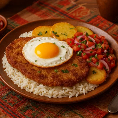 Silpancho – bolivianisches Rindersteak auf Reis, Kartoffeln und Ei