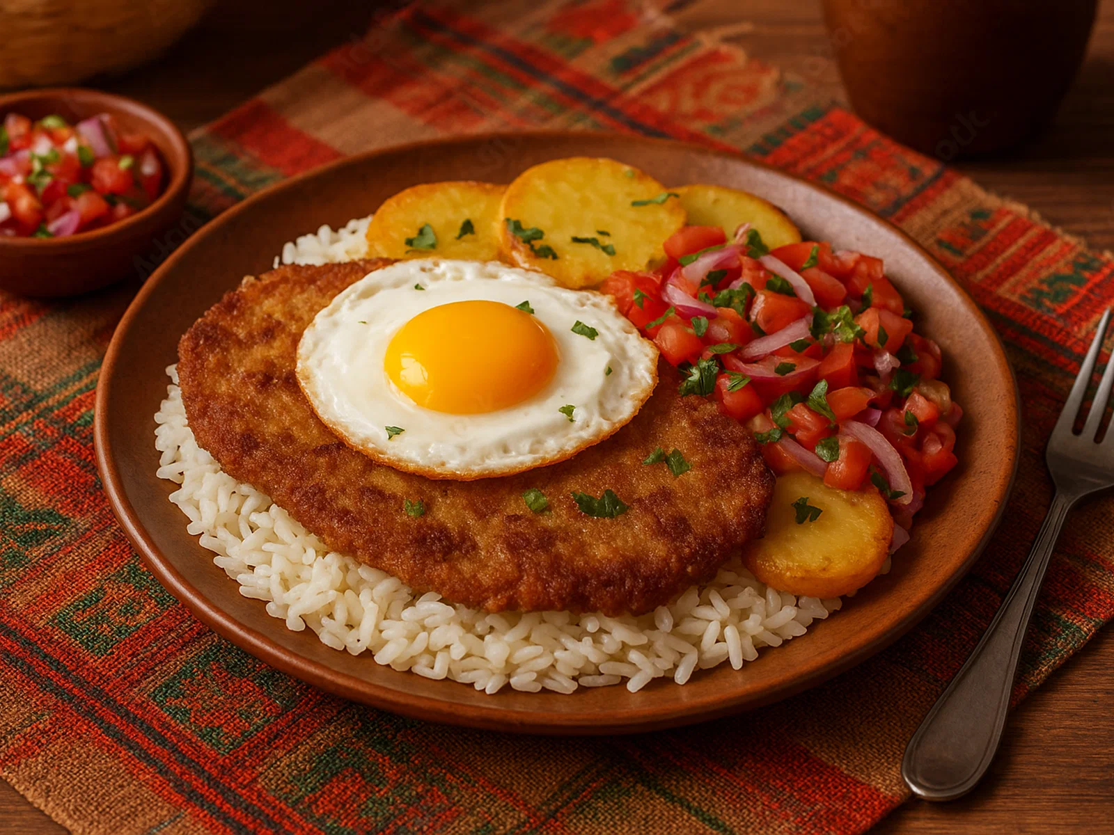 Silpancho – bolivianisches Rindersteak auf Reis, Kartoffeln und Ei