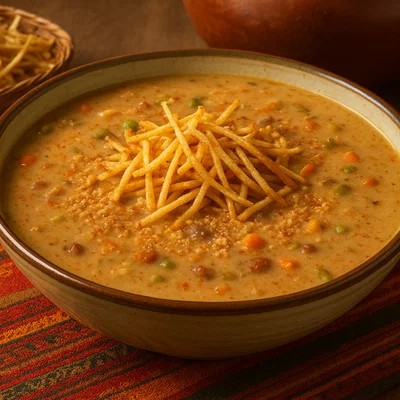 Sopa de Maní – Bolivianische Erdnusssuppe mit dünnen Pommes