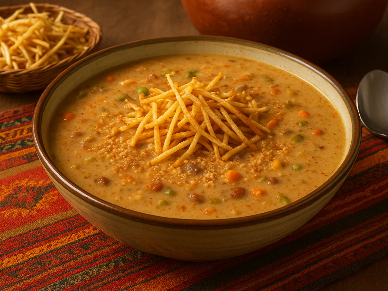 Sopa de Maní – Bolivianische Erdnusssuppe mit dünnen Pommes