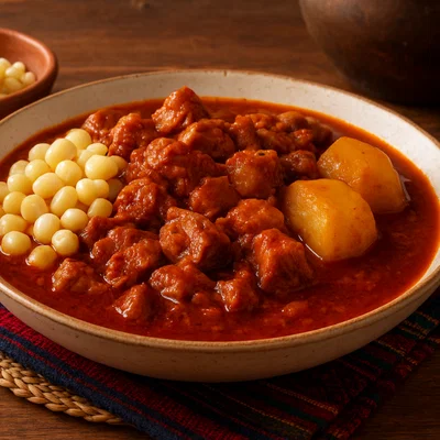 Mondongo chuquisaqueño – Schwein in roter Ají-Soße mit Mais