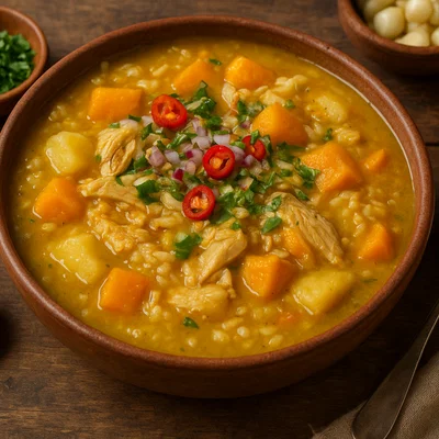 Locro de gallina – peruanische Reissuppe mit Huhn, Maniok und Kürbis