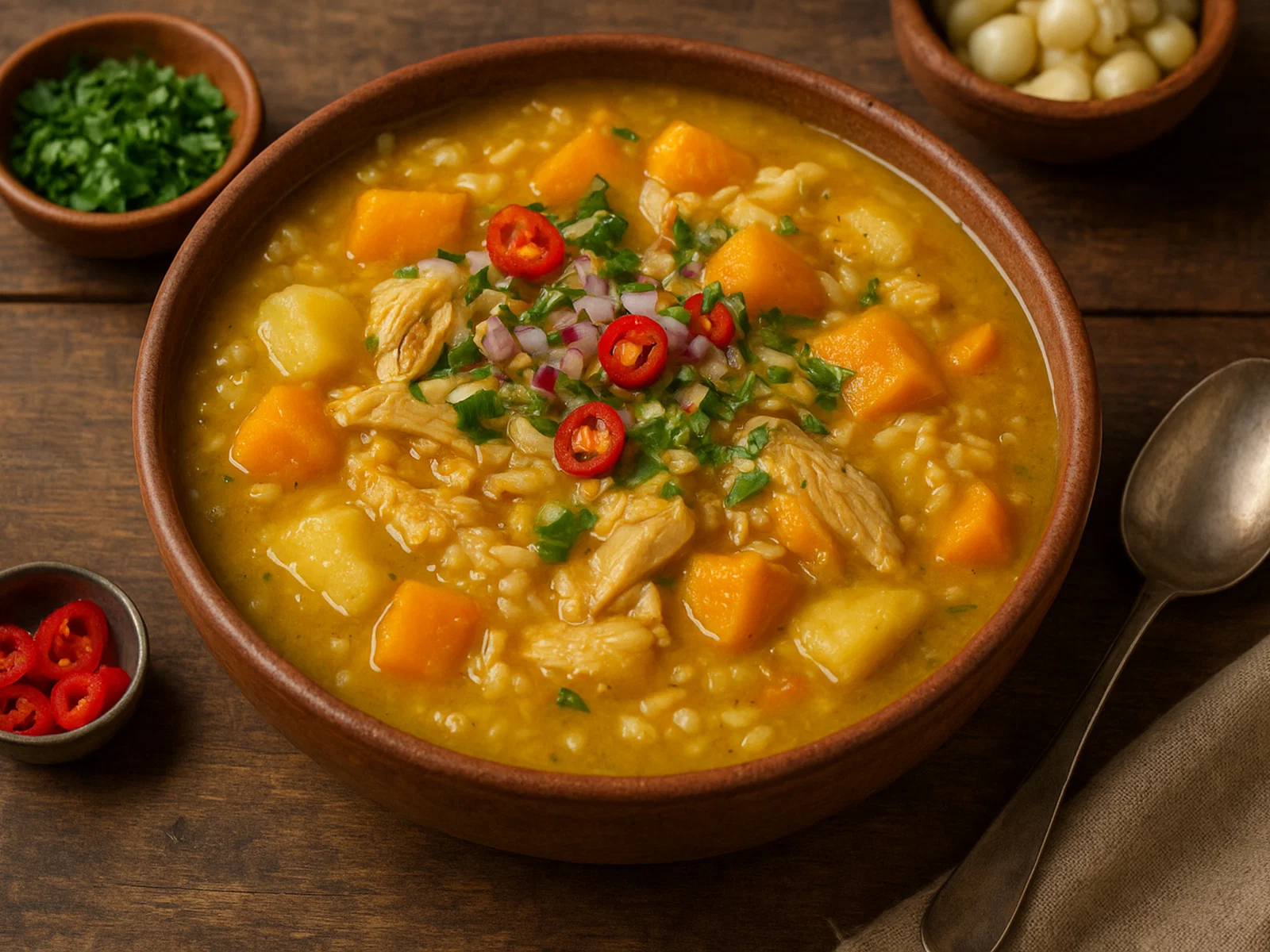 Locro de gallina – peruanische Reissuppe mit Huhn, Maniok und Kürbis