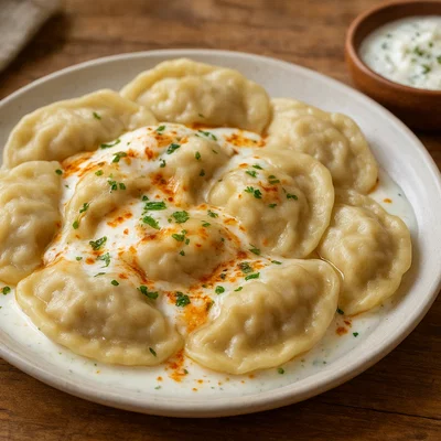 Klepe – kleine gefüllte Teigtaschen mit Knoblauch-Joghurt