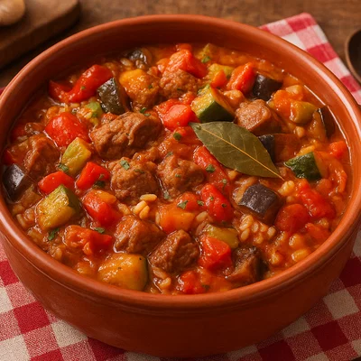 Serbischer Đuveč mit Gemüse, Reis und Fleisch