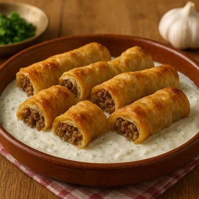 Buredžici – kleine Burek-Röllchen in Knoblauch-Joghurt