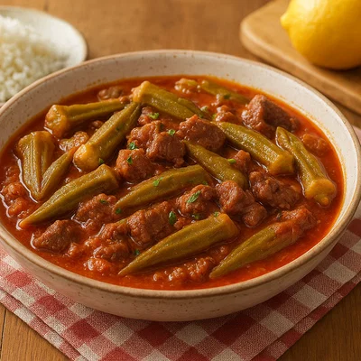 Bamija s mesom – Geschmorte Okra mit Rindfleisch