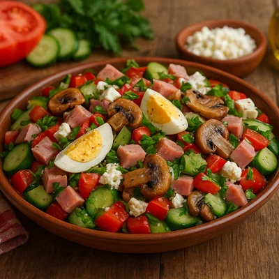 Ovcharska Salata – Bulgarischer Schäfersalat mit Schinken, Ei und Pilzen