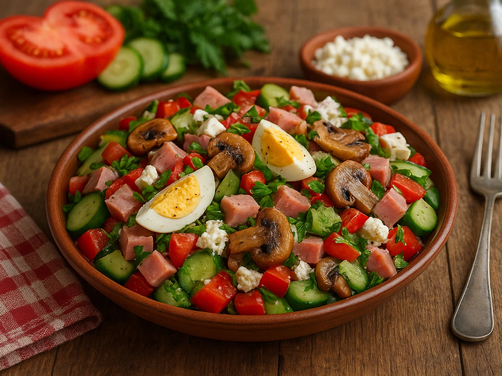 Ovcharska Salata – Bulgarischer Schäfersalat mit Schinken, Ei und Pilzen