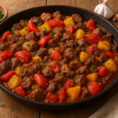 Saftiges Pfannengericht mit gemischtem Fleisch und Gemüse (Sach)