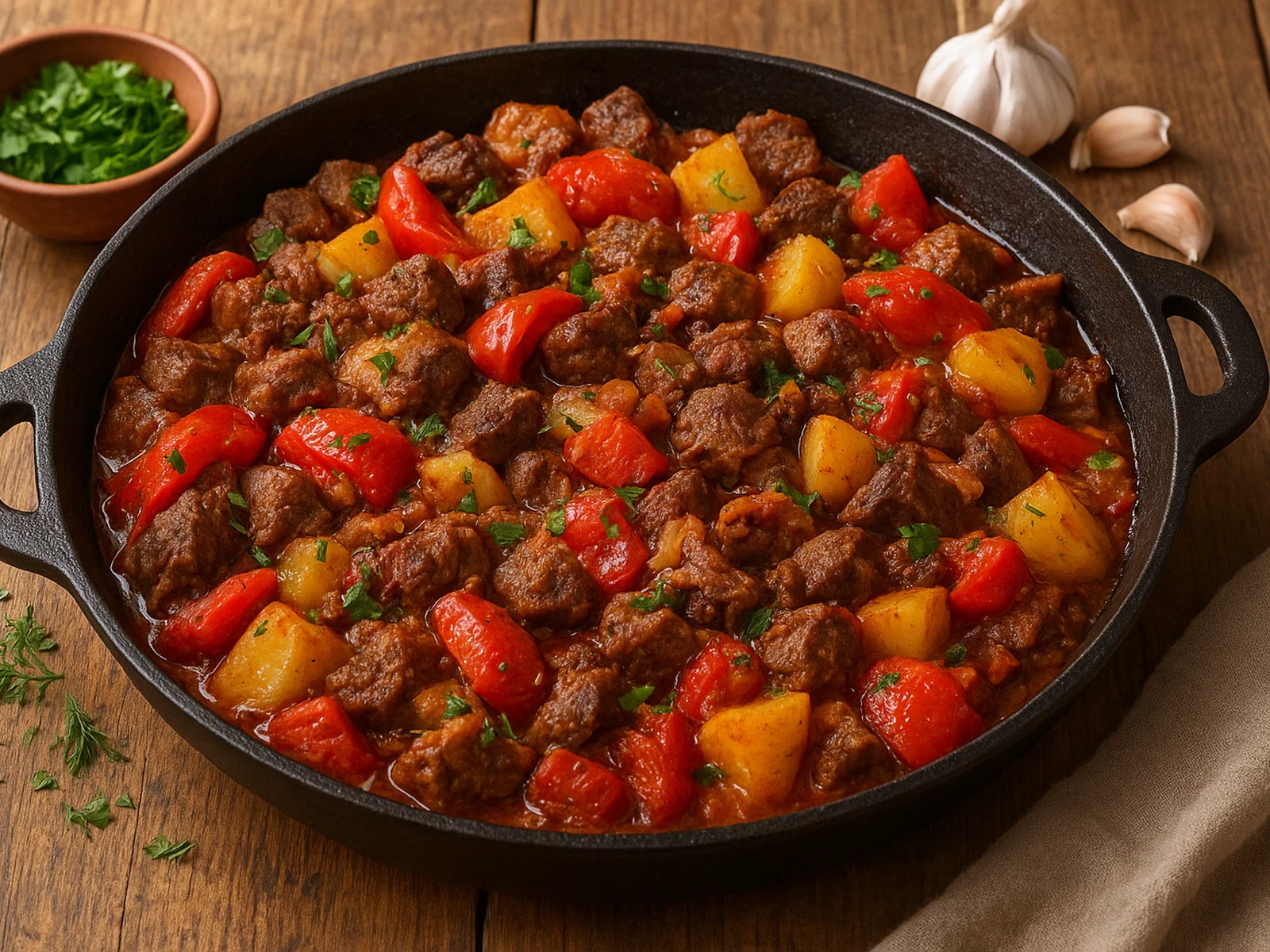 Saftiges Pfannengericht mit gemischtem Fleisch und Gemüse (Sach)