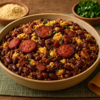 Feijão Tropeiro – Brasilianische Bohnenpfanne mit Maniokmehl, Speck, Wurst und Ei