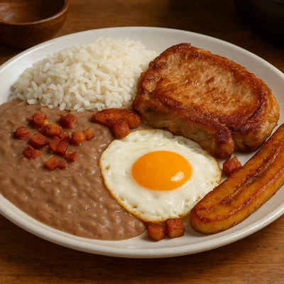 Virado à Paulista – Bohnenpüree mit Reis, Schweinekotelett, Ei und Banane