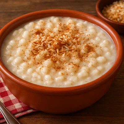 Brasilianische Canjica (süßer Maispudding mit Kokos und Zimt)