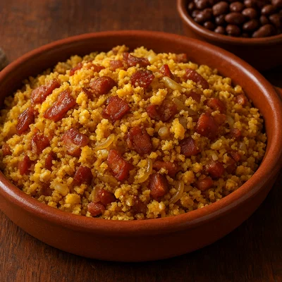 Farofa de Ovo mit Speck (Brasilianische Maniokmehl-Pfanne)
