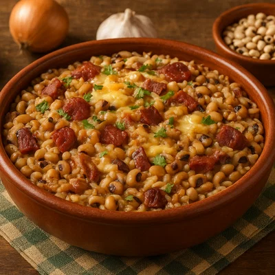 Baião de Dois (Brasilianischer Reis mit Augenbohnen, Trockenfleisch und Käse)