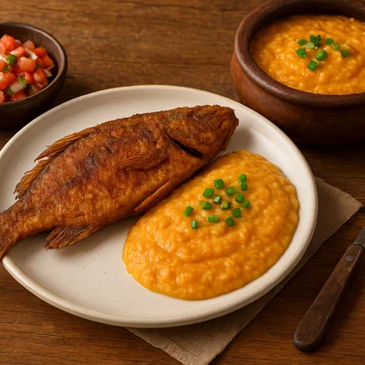 Peixe frito com pirão – Gebratener Fisch mit Maniok-Pirão