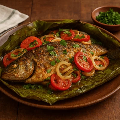 Peixe assado na folha (im Bananenblatt gegrillter Flussfisch)