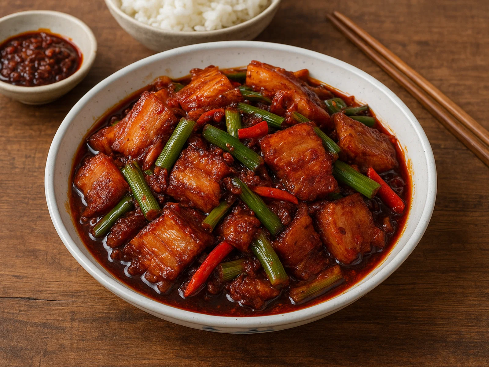 Hui Guo Rou – zweimal gegartes Schweinefleisch mit Lauch und Bohnenpaste