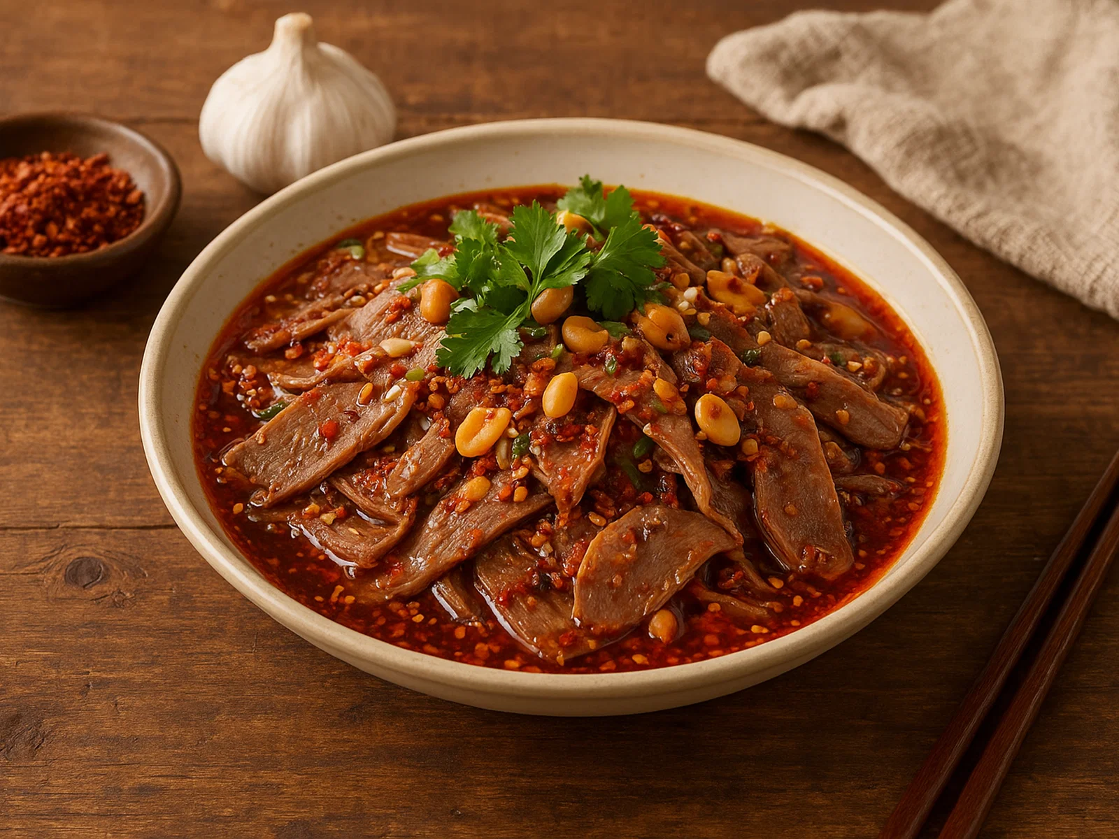 Fuqi Feipian – kalte Rinderinnereien in würzigem Chiliöl