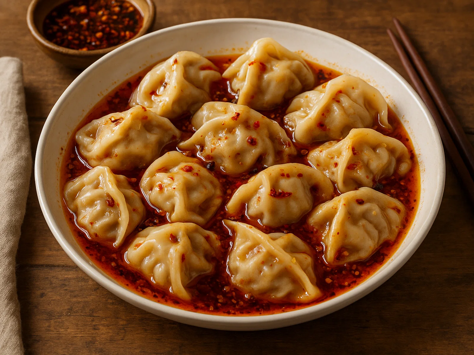 Zhong Shui Jiao – Schweinefleisch-Teigtaschen in süßer Chili-Soja-Öl-Sauce