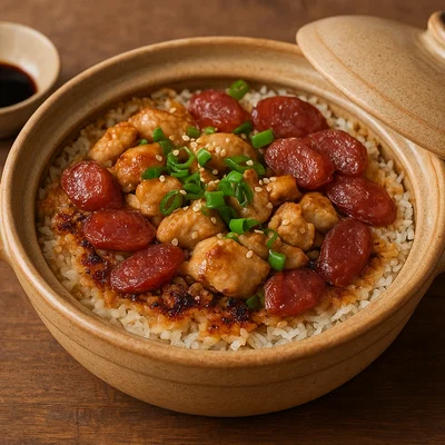 Bo Zai Fan – Reis im Tontopf mit Wurst und Hähnchen