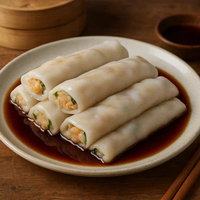 Cheung Fun – gedämpfte, gerollte Reisnudelblätter mit Füllung
