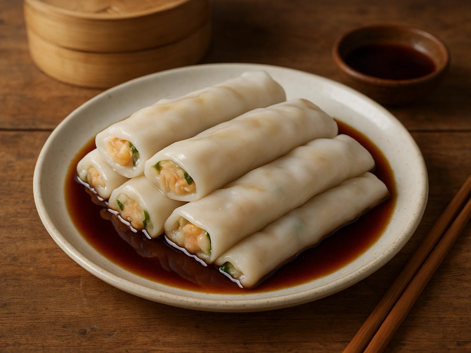 Cheung Fun – gedämpfte, gerollte Reisnudelblätter mit Füllung