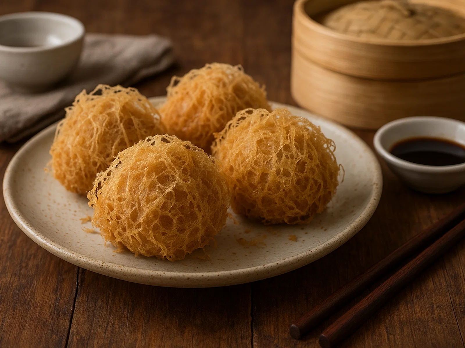 Wu Gok – Frittierte Taro-Teigtaschen mit Fleischfüllung