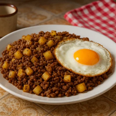 Macanese Minchi mit Kartoffelwürfeln und Spiegelei